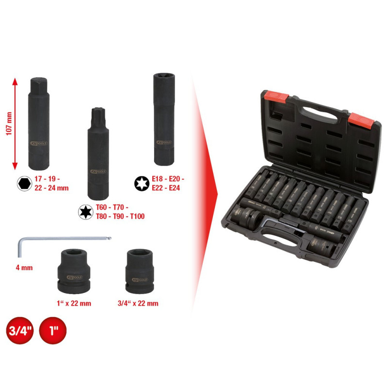 Coffret De Douilles Et Embouts Longs À Chocs, 3/4'' - 1'', 16 Pièces