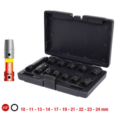Coffret De 10 Douilles À Chocs 6 Pans 1/2'', 10 À 24 mm, Cardan Et Rallonge