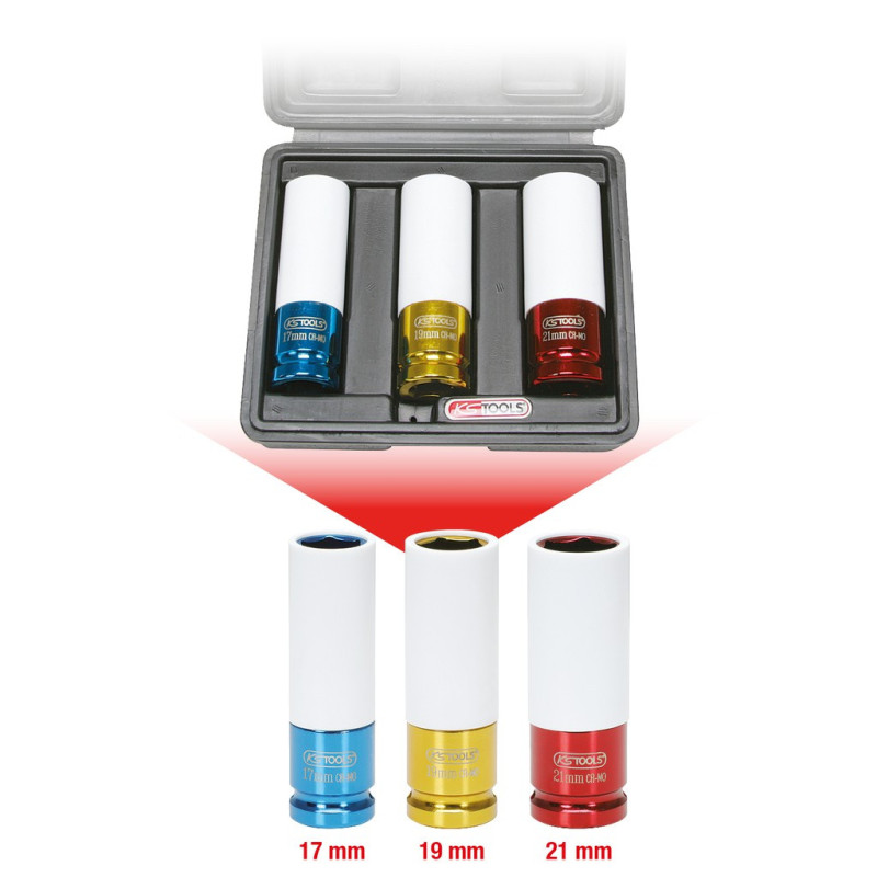 Jeu De 3 Douilles À Chocs 1/2'' Pour Jantes Aluminium, 17, 19, 21 mm