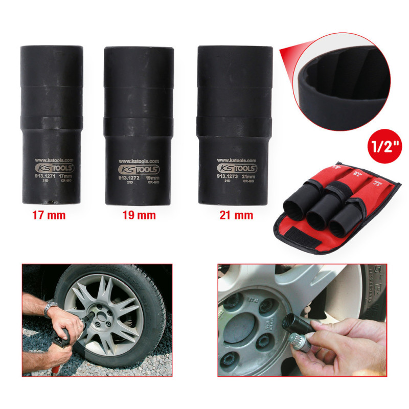 Jeu De 3 Douilles À Chocs 1/2'' Pour Écrous Abîmés, 17-19-21 mm