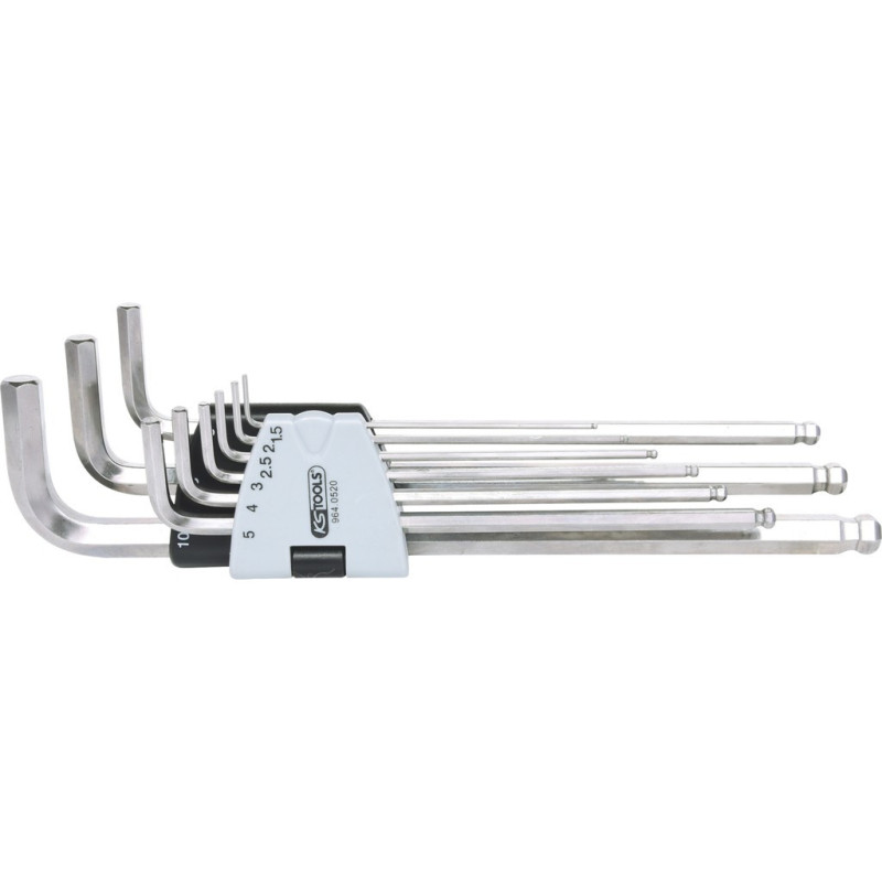 Jeu De 9 Clés Mâles Extra-Longues Inox 6 Pans À Tête Sphérique, 1,5 À 10 mm