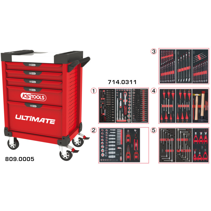 Servante Ultimate Rouge 5 Tiroirs Équipée De 311 Outils