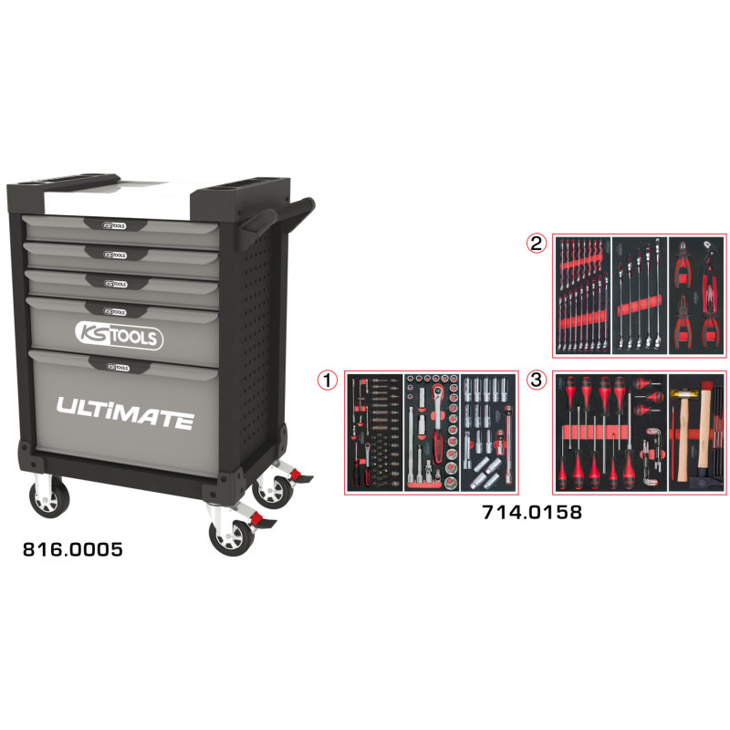 Servante Ultimate Grise Et Noire 5 Tiroirs Équipée De 158 Outils