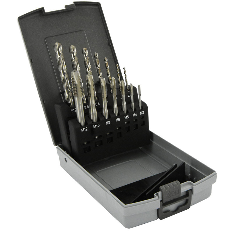 Coffret Taraudage 7 Forets Metaux + 7 Tarauds HSS M3, M4, M5, M6, M8, M10, M12