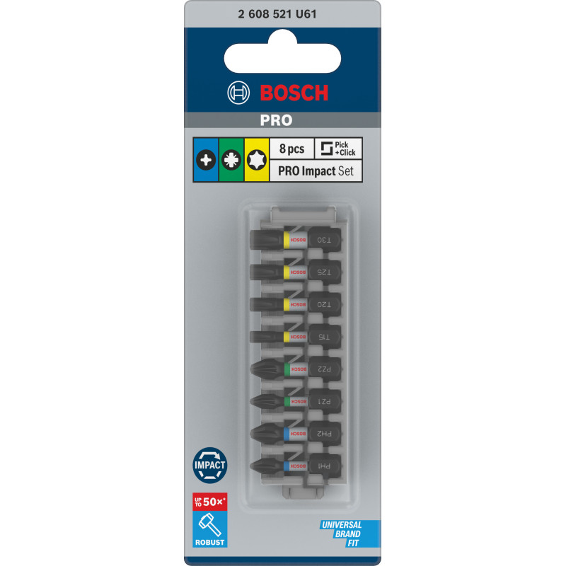 Coffret Mixte Pro Impact, Ph1 Ph2 Pz1 Pz2 T15 T20 T25 T30, 25 mm, 8 Pièce