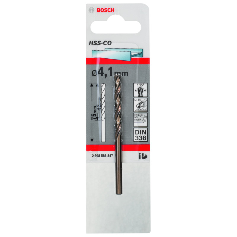 Forets À Métaux Rectifiés HSS-CO, Din 338 4,1 X 43 X 75 mm Pack De 1