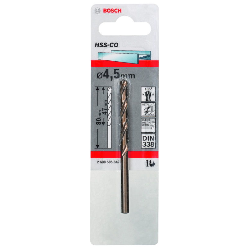 Forets À Métaux Rectifiés HSS-CO, Din 338 4,5 X 47 X 80 mm Pack De 1