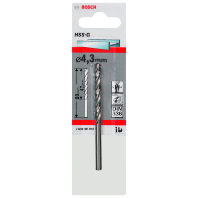 Forets À Métaux Rectifiés HSS-G, Din 338 4,3 X 47 X 80 mm Pack De 1