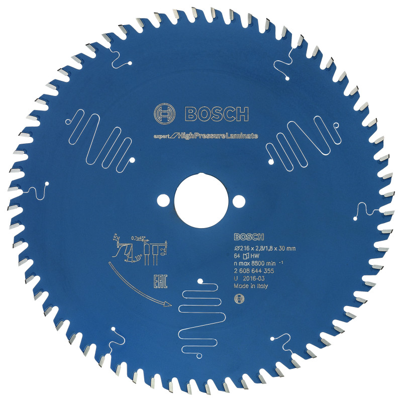 Lame scie circulaire EXPERT Panneaux Stratifiés Hte Pression 216 x30 x2,8 mm 64D