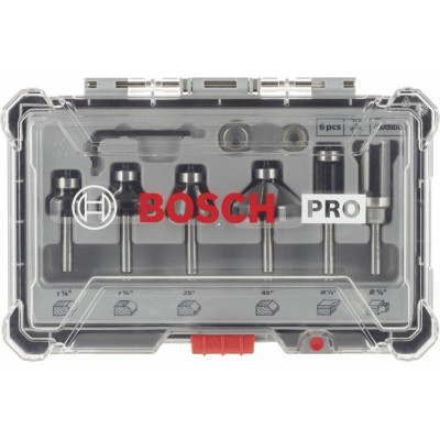 Coffret PRO 6 fraises mixtes, pour araser chanfreiner, queue de 1/4'' Bosch