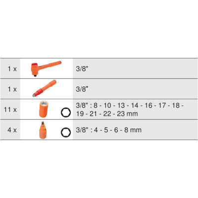 Coffret De Douilles Et Accessoires 3/8'' Isolés 1000V - 8 À 23 mm - 17 Pièces