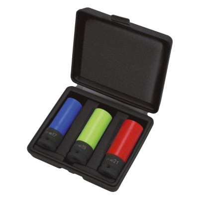 Coffret de 3 douilles à chocs longues 6 pans pour jantes aluminium , 17-19-21