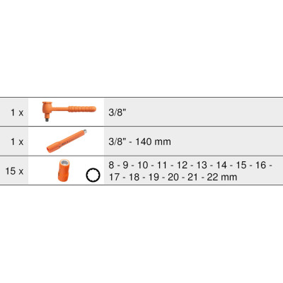 Module De Douilles 12 Pans Et Cliquet 3/8" Isolées 1000V, 17 Pièces