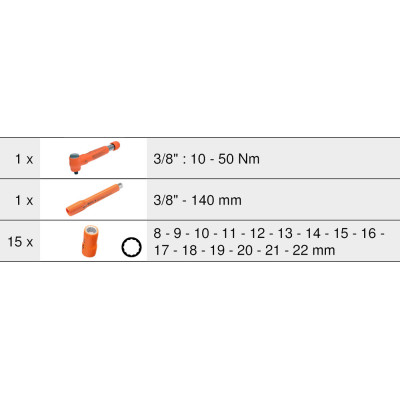 Module De Douilles Et Clé Dynamométrique 3/8" 10- 50 Nm Isolées 1000V, 17 Pièce